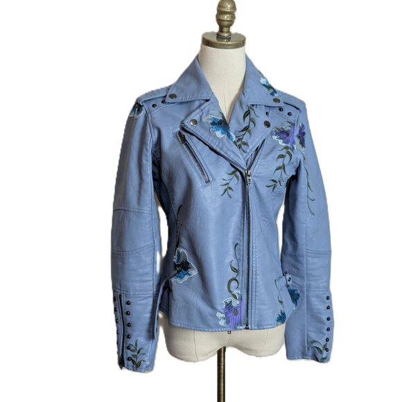 Colleen Lopez Blue Floral Embroidered Faux Leather Moto Jacket Size S Studded - Picture 2 of 6